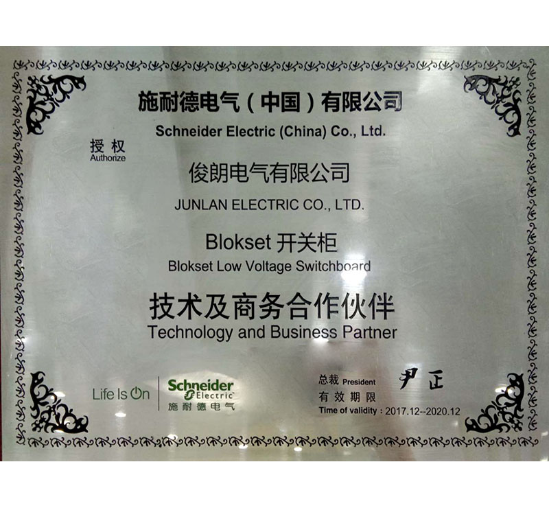 施耐德電氣（中國）有限公司授權(quán)俊朗電氣有限公司Blikset開關柜技術及商務合作伙伴